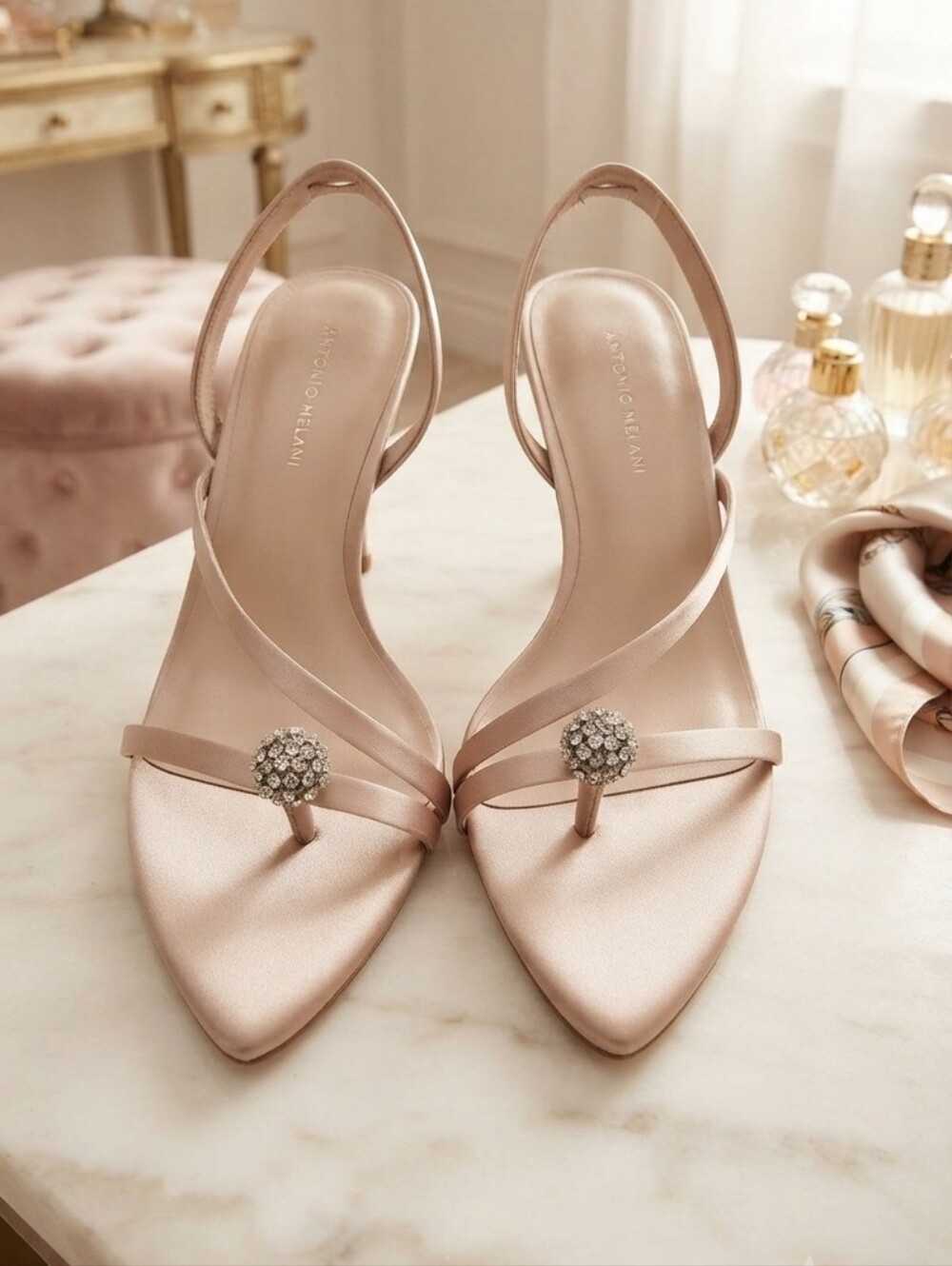 ANTONIO MELANI Ames Blush Satin Crystal-Accent Slingback Dress Heels Size 6.5